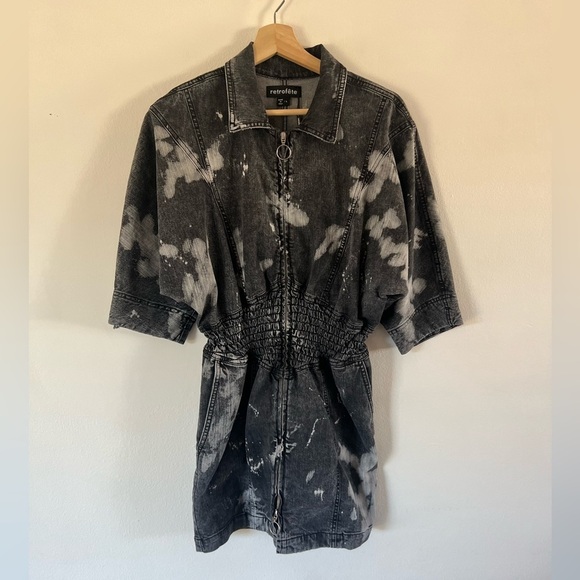 NWT Retrofete Carla Hematite Splatter Acid Wash Denim Full Zip Dress Size Large - Picture 2 of 11